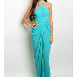 Teal halter neck style, fitted waist gown